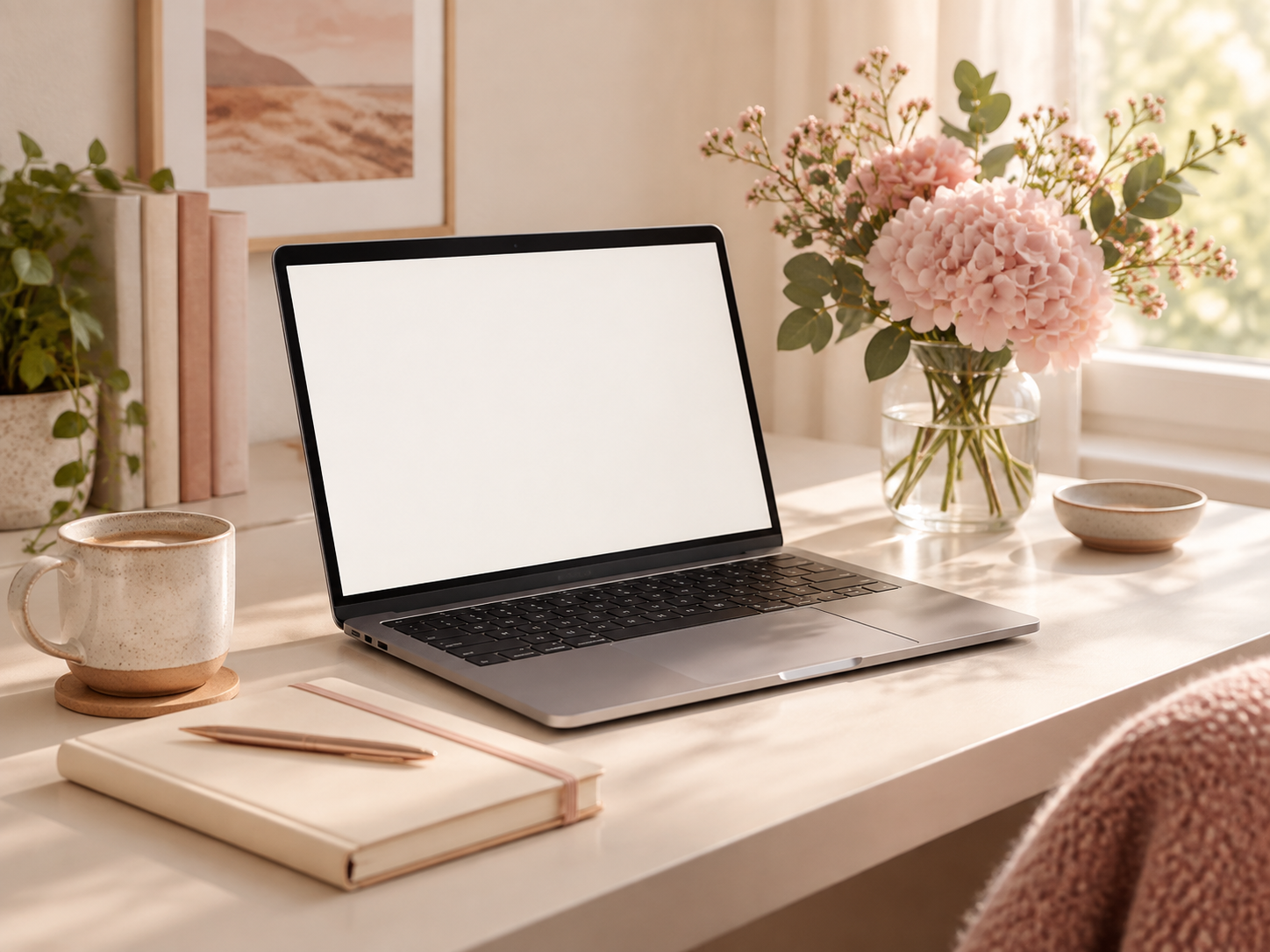 Portátil sobre un escritorio luminoso con flores rosas